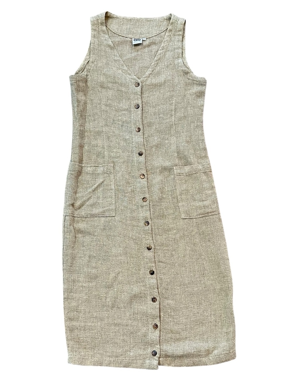 Vintage Johnny Was tan Flax Blend Sleeveless Button-Front Dress Pockets Medium - Picture 2 of 6